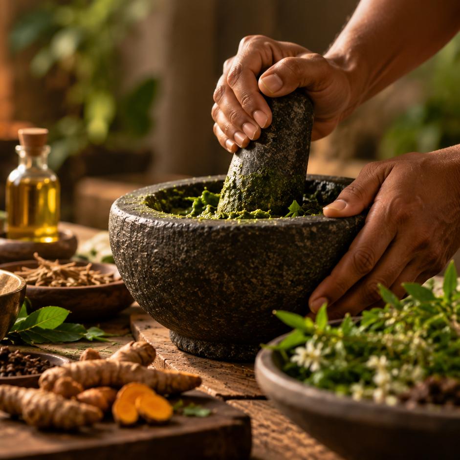 Ayurvedic practitioner grinding fresh medicinal roots and leaves using an ancient granite pestle and mortar in warm sunlight