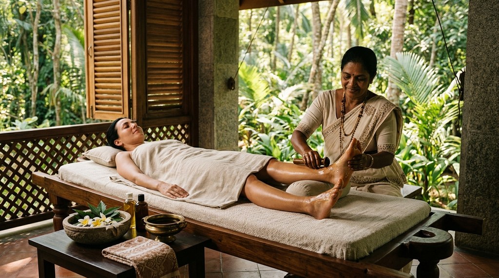 Tranquil open-air wooden spa pavilion set in a sun-dappled Sri Lankan forest with traditional timber treatment bed